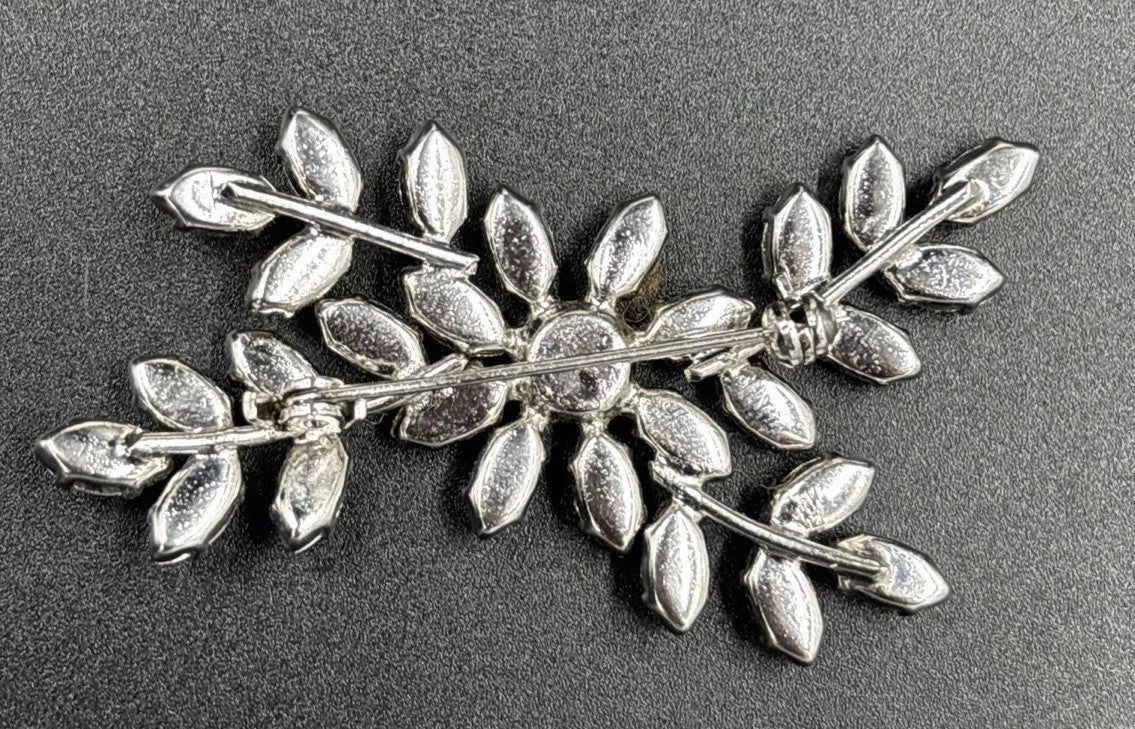 Vintage Silver Tone Floral Spray Brooch with Clear Rhinestones