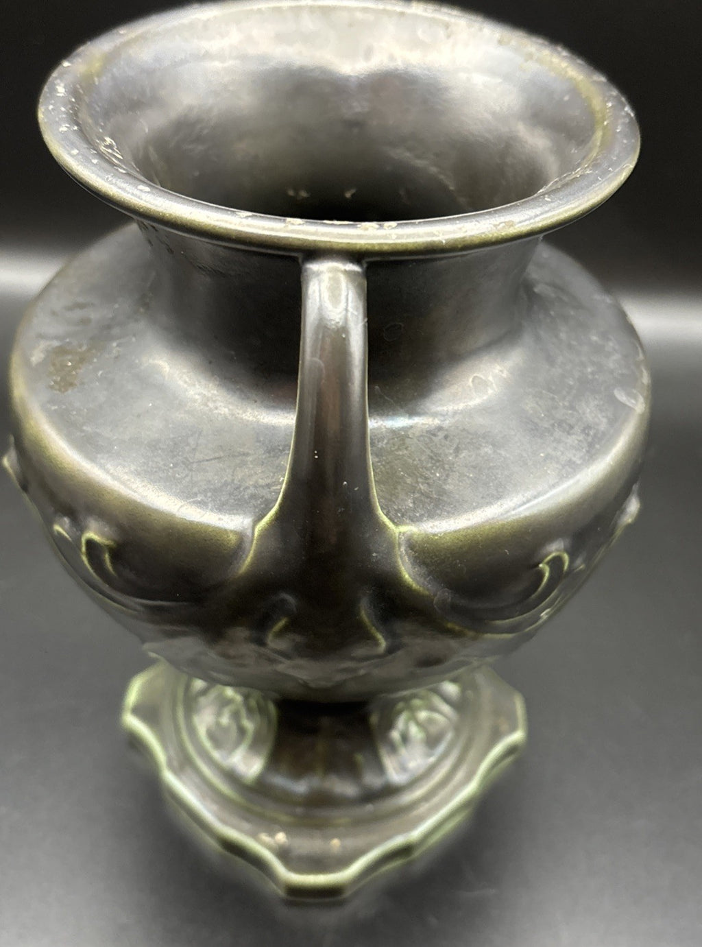 Vintage European Art Nouveau Handled Vase Dark Metallic Glaze Relief Urn