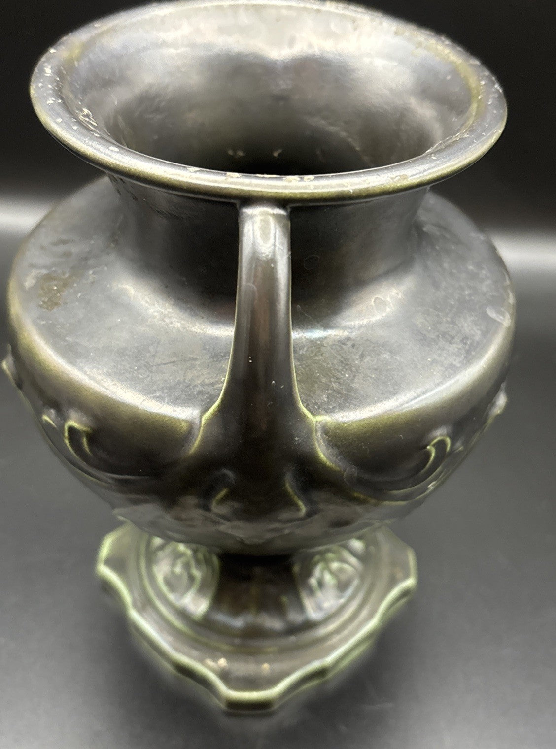Vintage European Art Nouveau Handled Vase Dark Metallic Glaze Relief Urn
