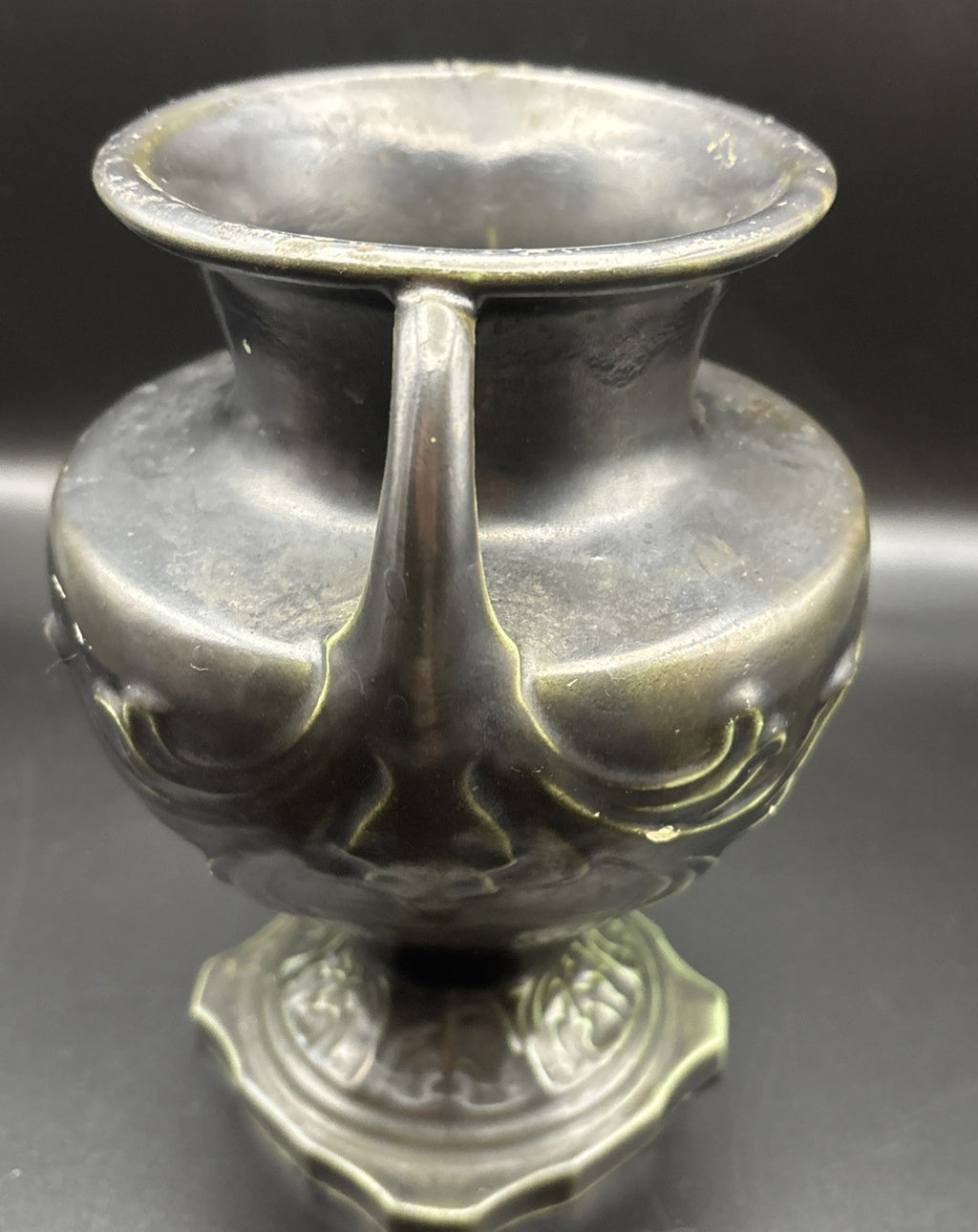Vintage European Art Nouveau Handled Vase Dark Metallic Glaze Relief Urn
