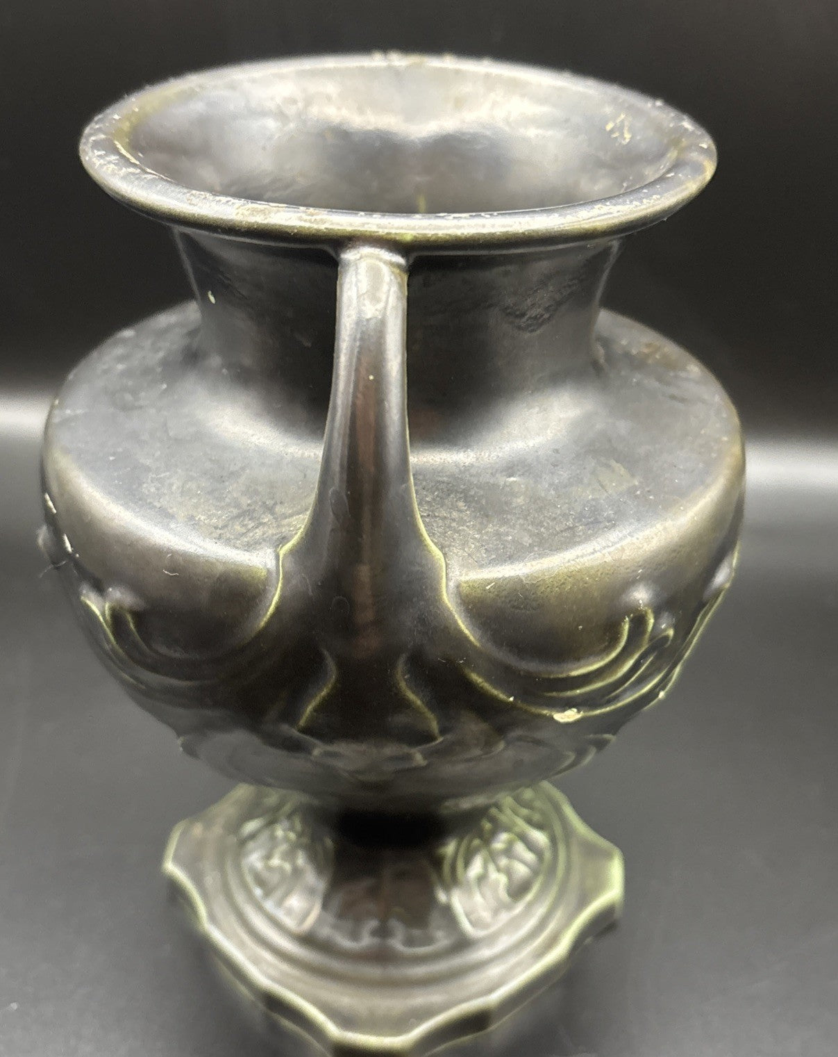 Vintage European Art Nouveau Handled Vase Dark Metallic Glaze Relief Urn