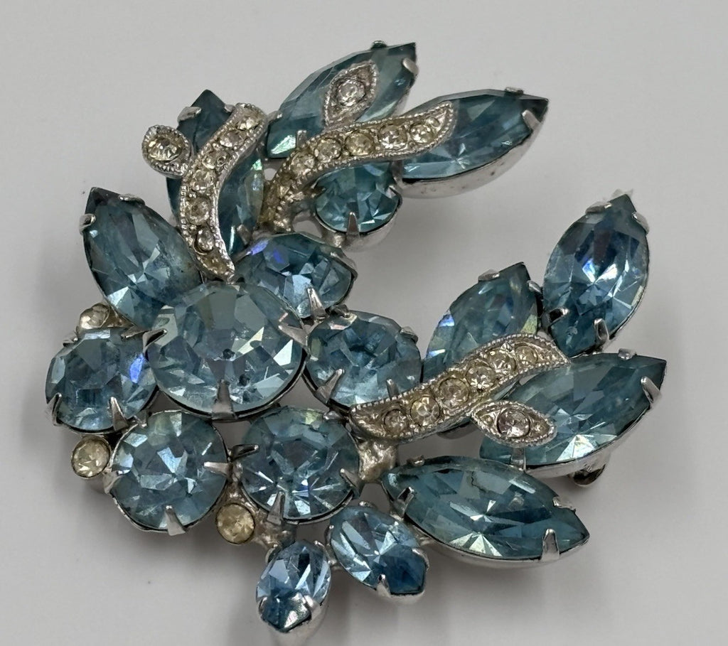 Vintage Signed Eisenberg Ice Rhodium Plated Blue Rhinestone Leaf Spray Brooch