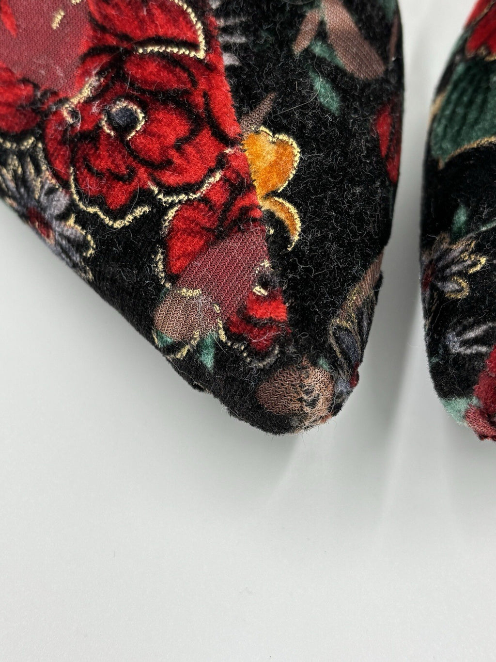 Public Desire Floral Velvet Ankle Boots AU 6 Black Red Gold Block Heel Zip