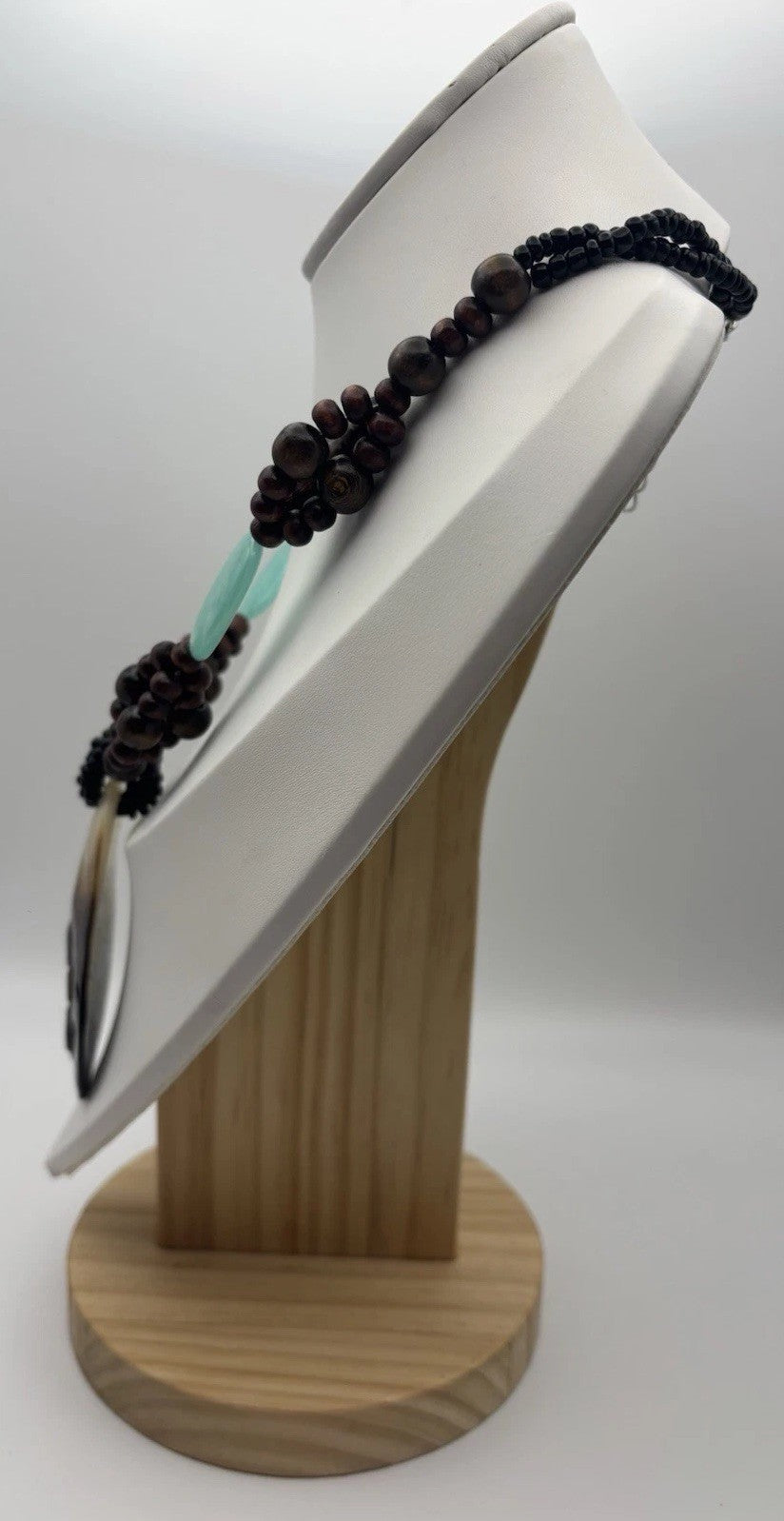 Vintage Tribal Necklace Mother of Pearl Pendant Wood Beads Ethnic Jewelry