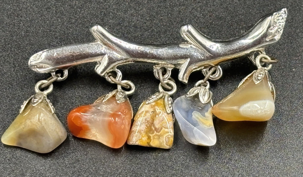 Vtg Silver Tone Branch Multiple Agate Gem Stones Dangling Brooch Signed