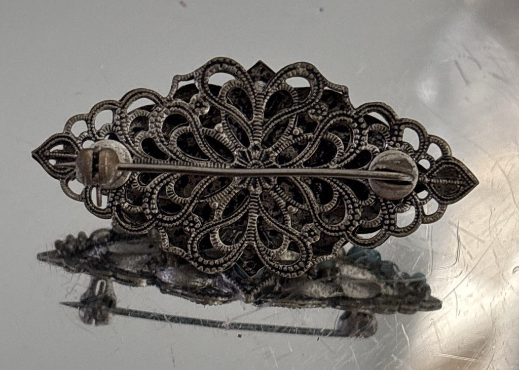 Vintage Turquoise Glass Filigree Bar Brooch Silver Tone Antique Style