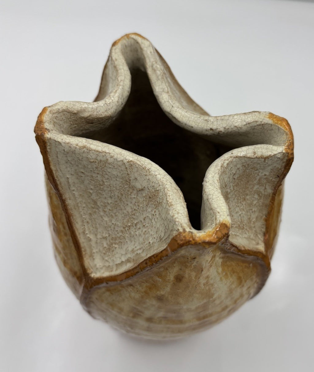Large Vintage Studio Pottery Vase Sculptural Organic Petal Rim Brown Glaze