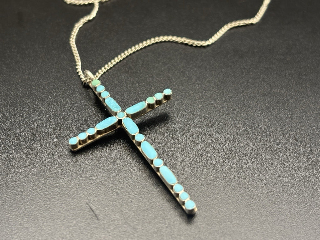 Vintage Sterling Silver Turquoise Inlay Cross Necklace 925 Chain