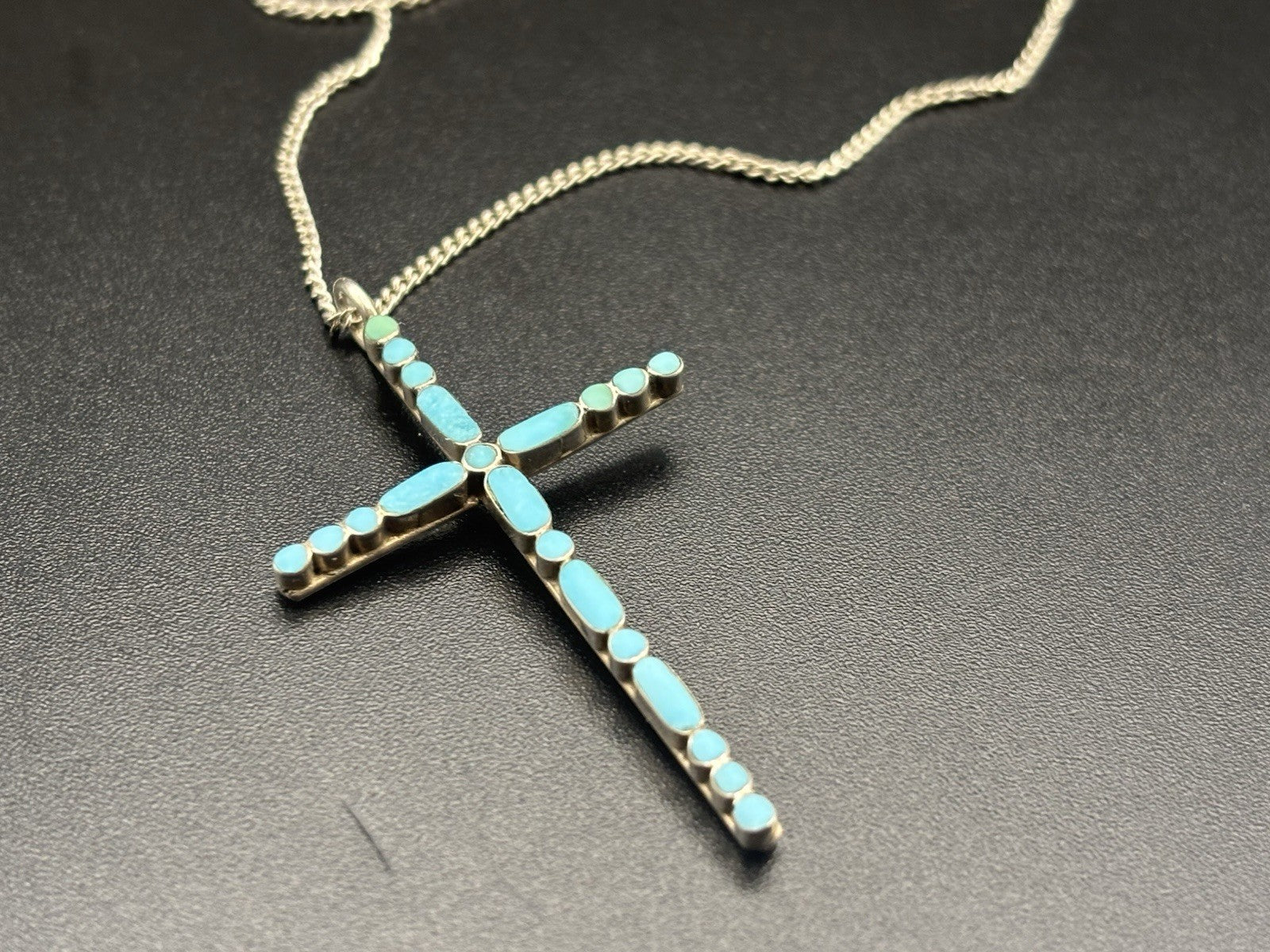 Vintage Sterling Silver Turquoise Inlay Cross Necklace 925 Chain