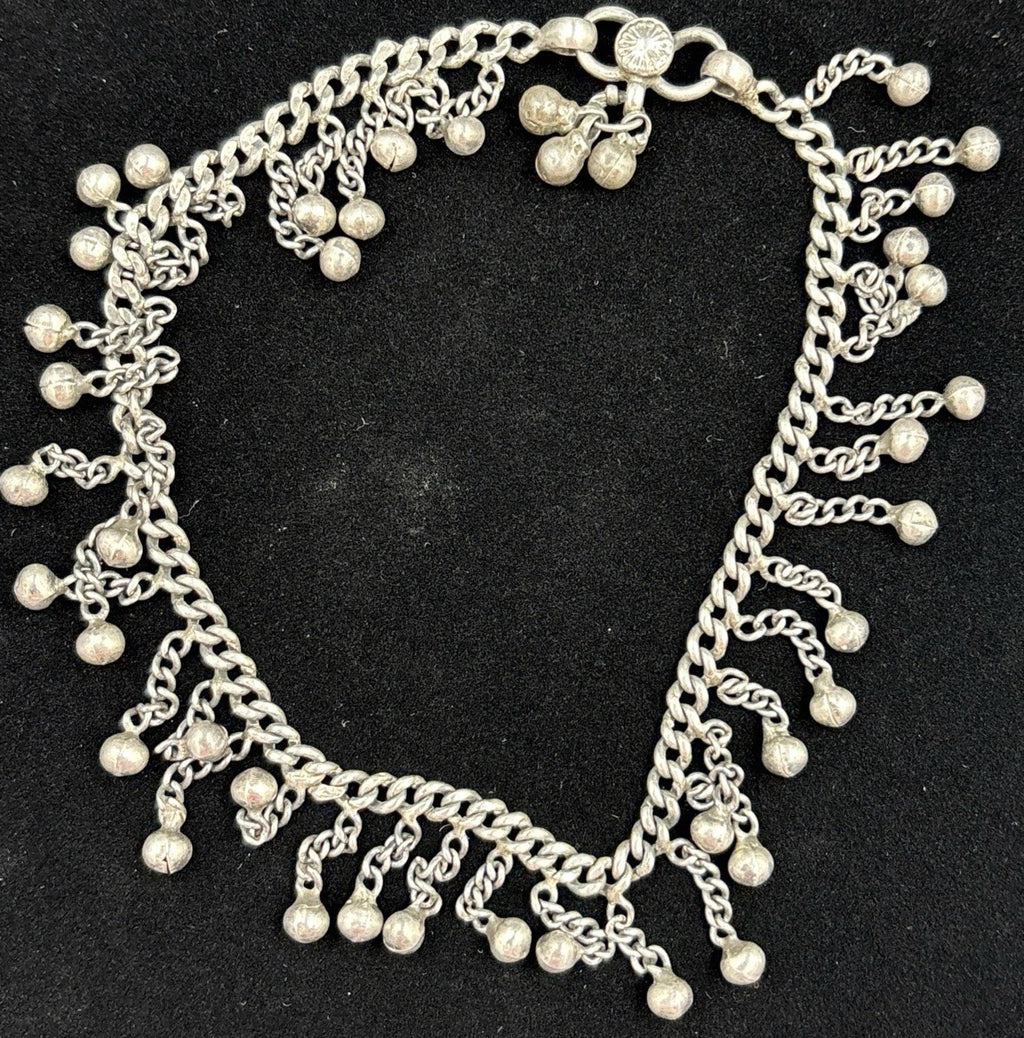 Vintage Sterling Silver Chain Anklet Choker Bells Charm Boho Tribal Jewelry