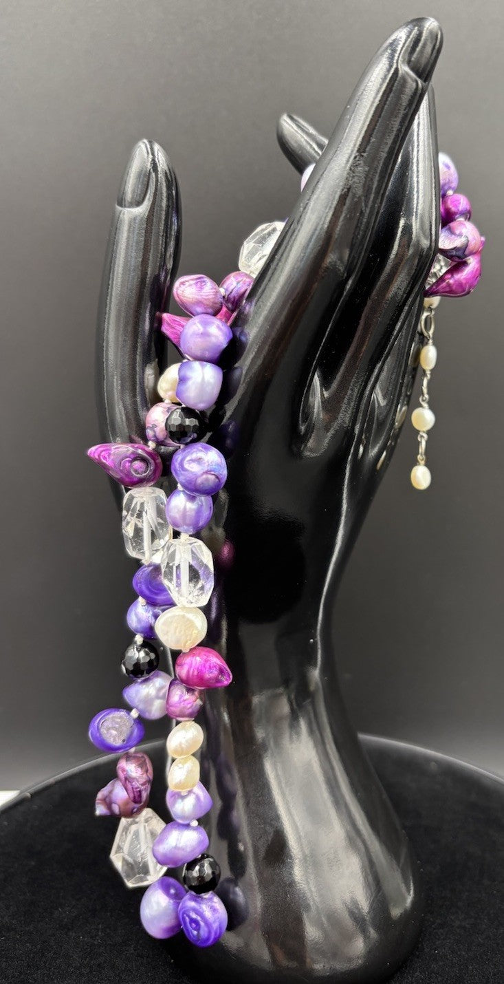 Vintage Y2K Necklace Purple Pink Freshwater Pearls Crystal Bead Strand