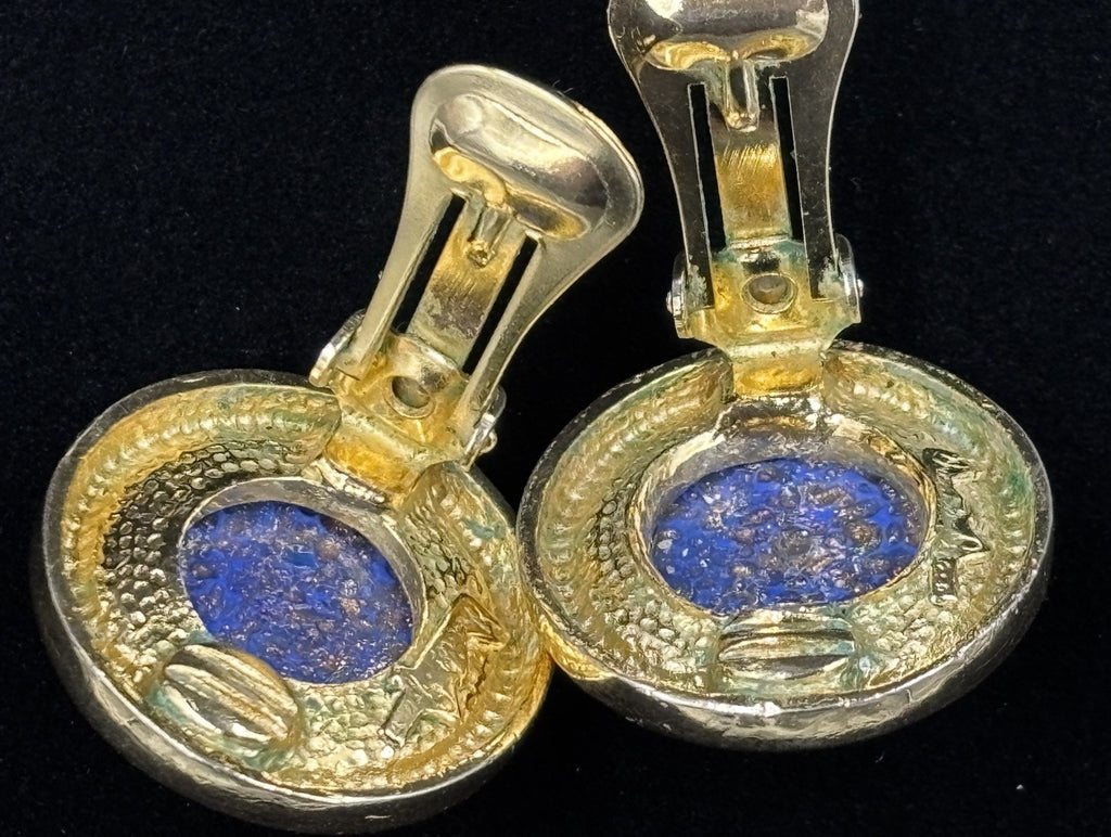 Elegant Vintage DAVID GRAU PARIS Clip-on Earrings - Blue & Gold