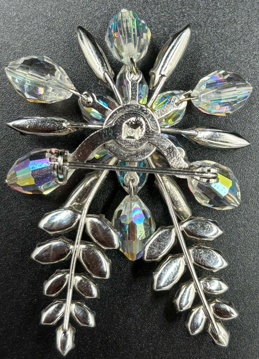 Vtg 1950s Aurora Borealis Crystal Spray Brooch Mid Century Silver Tone Floral