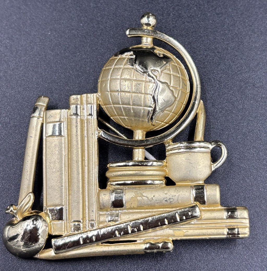 Vintage Brooch Pin Teacher Globe Apple Books Gold Tone Ajc Ruler Pencil Brooch