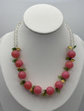 Vintage Pink Bead Fruit Necklace Clear Beads Gold and Green Leaf Accents