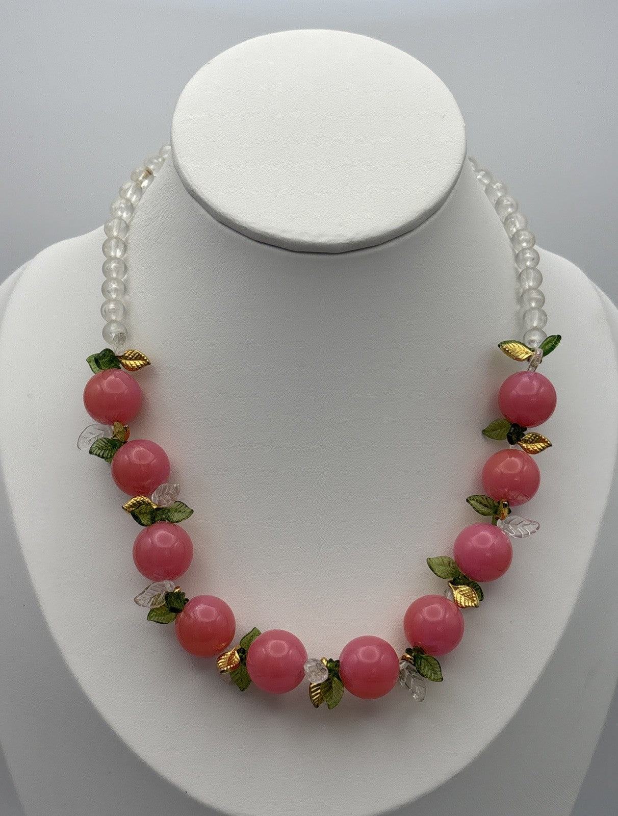 Vintage Pink Bead Fruit Necklace Clear Beads Gold and Green Leaf Accents