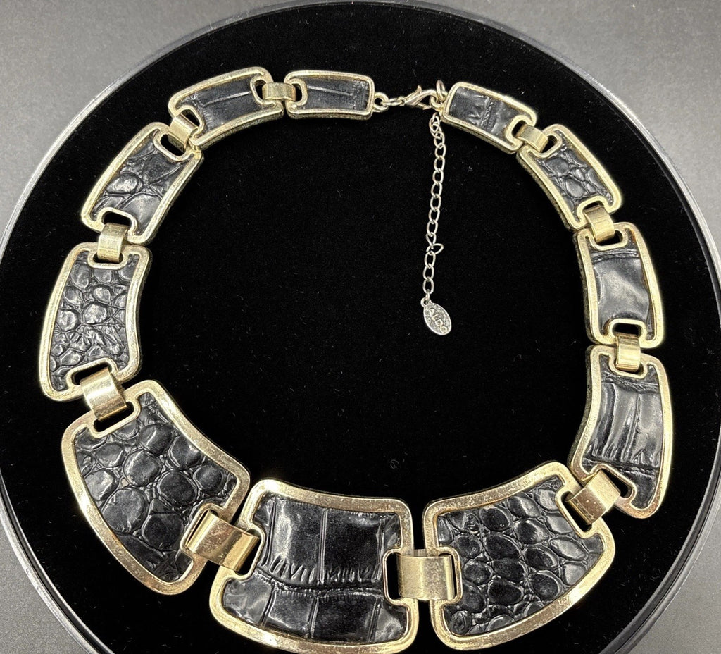 Vtg Aldo Statement Necklace Collar Faux Crocodile Print. Gold Tone