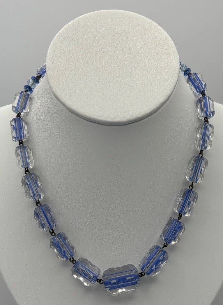 Vintage Czech Blue Glass Bead Necklace Striped Bohemian Mid Century Jewelry