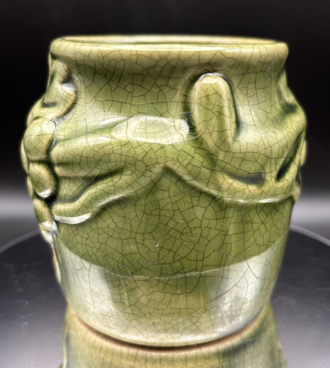 Vintage Green Ceramic Planter Pot Grape Vine Relief Crackle Glaze Decor