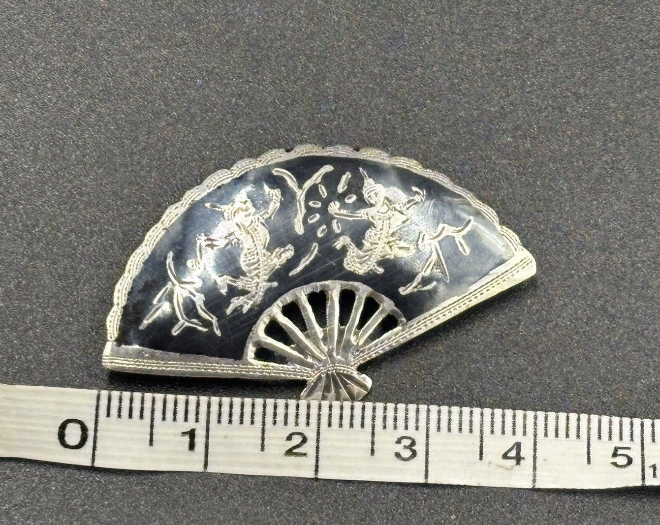 Vintage Siam Sterling Silver Fan Brooch Thai Dancer Motif 1940s -1950s