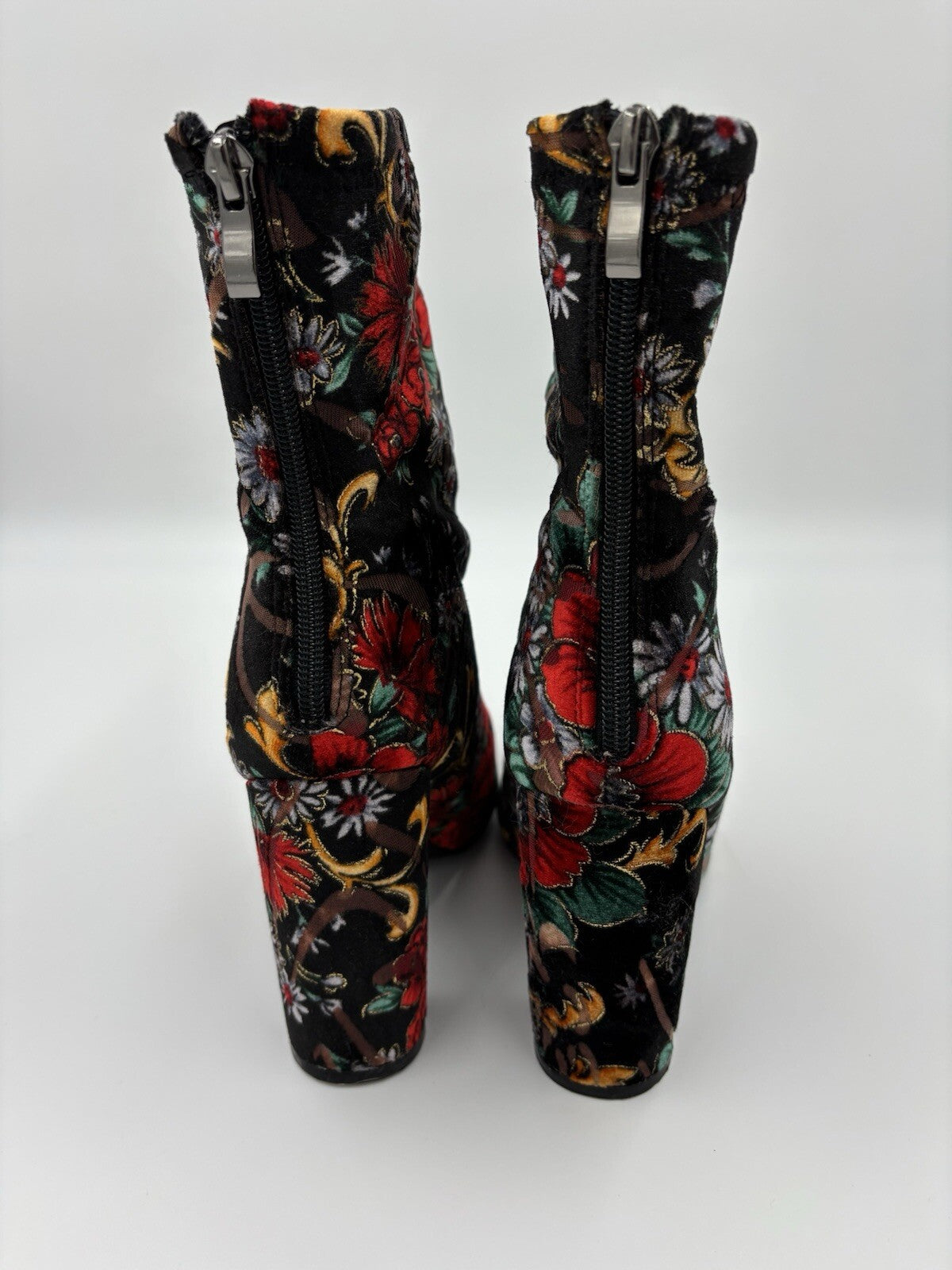 Public Desire Floral Velvet Ankle Boots AU 6 Black Red Gold Block Heel Zip