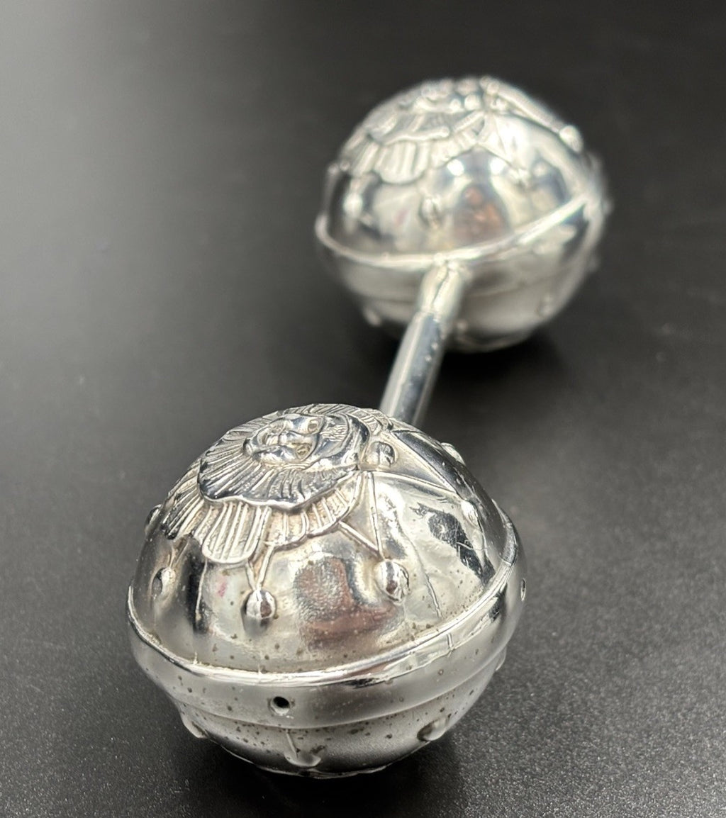 Antique Silver Baby Rattle Celestial Sun Face Repoussé