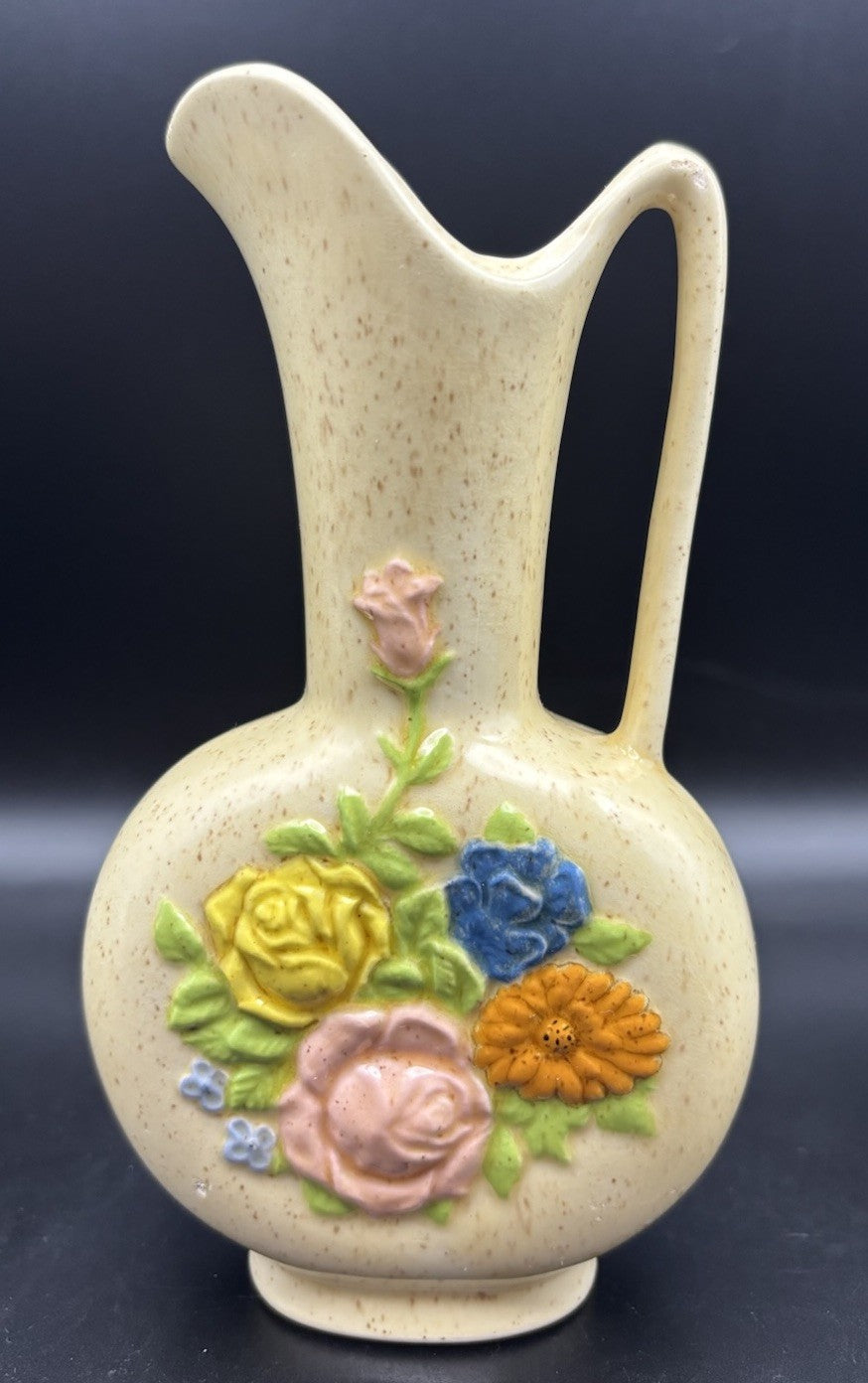 Vintage RNS Ceramic Floral Pitcher Vase Speckled Glaze Handled Jug