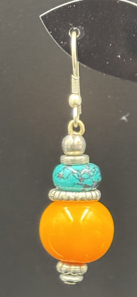 Vintage Boho Dangle Earrings – Faux Amber & Turquoise Beads, Tribal Silver Tone