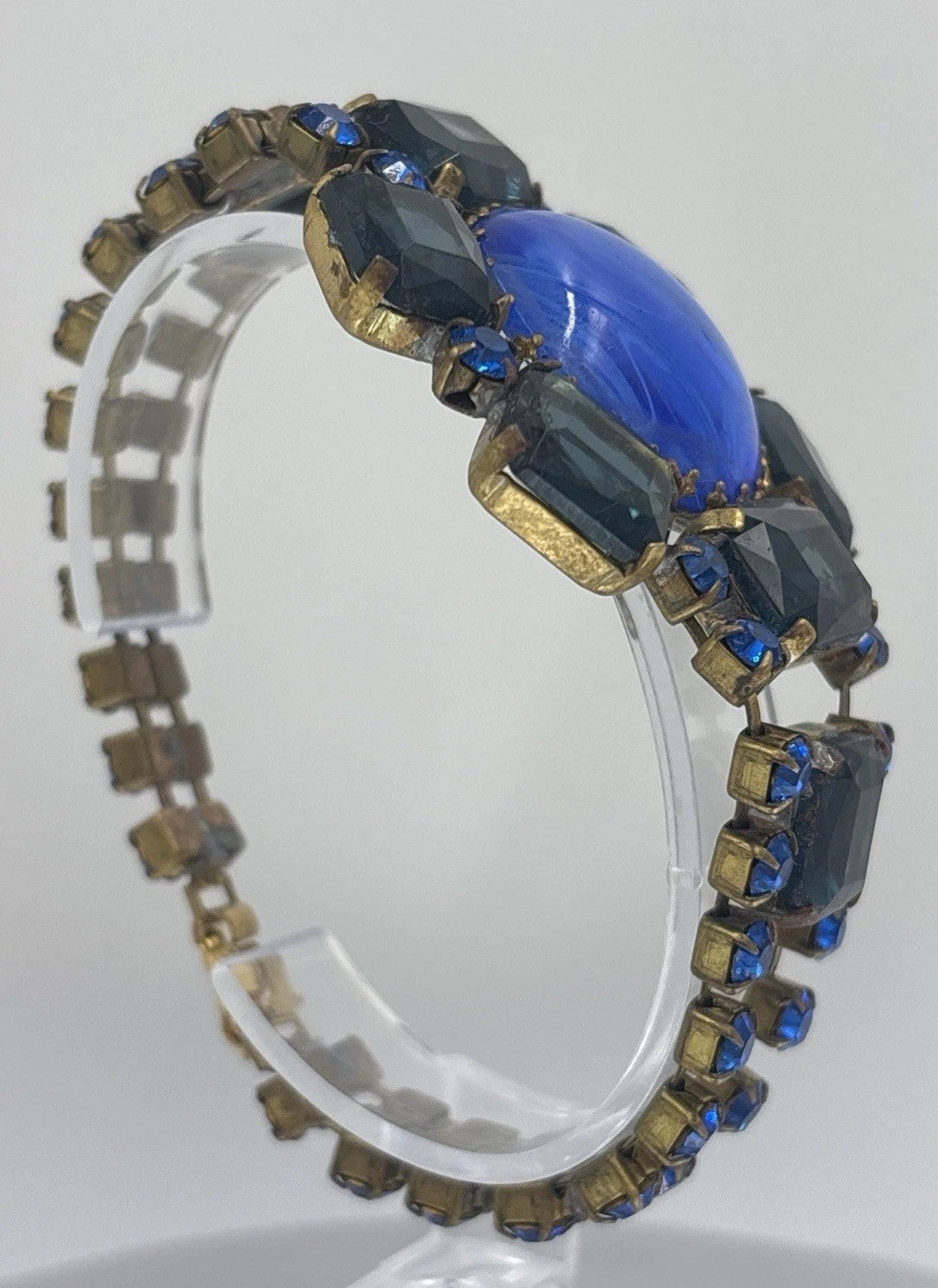 Vintage Czech Blue Glass Rhinestone Bracelet Swirled Cabochon Statement