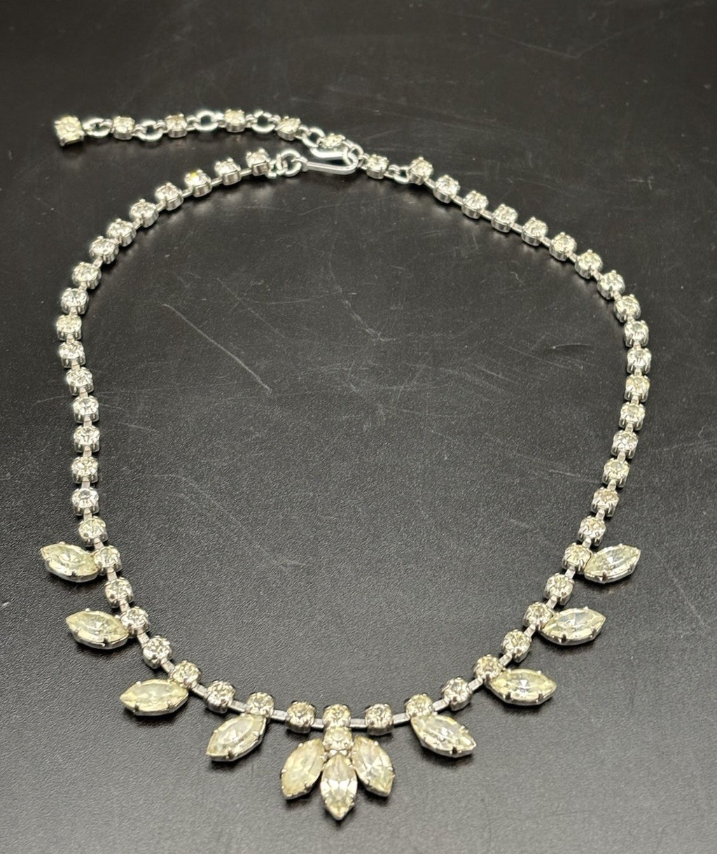 Vintage Rhinestone Necklace Silver Tone Marquise Drop Elegant Mid Century