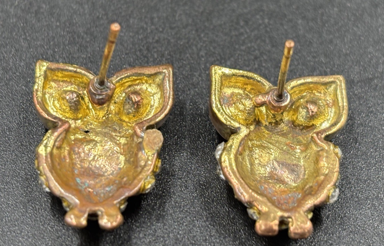 Vintage Owl Stud Earrings Rhinestone Studs Gold Tone