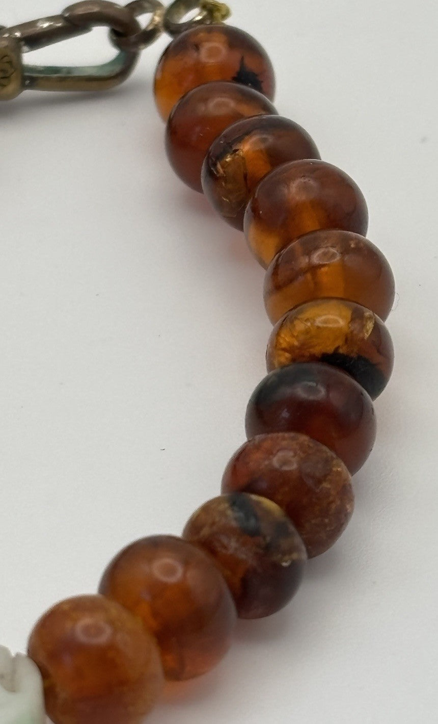 Vintage Amber Bead Bracelet Carved Jade Centerpiece Mid Century Retro