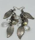 Vintage Sterling Silver Leaf Dangle Earrings with Crystal and Pearl Charms