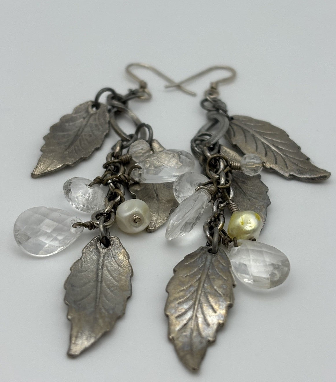 Vintage Sterling Silver Leaf Dangle Earrings with Crystal and Pearl Charms