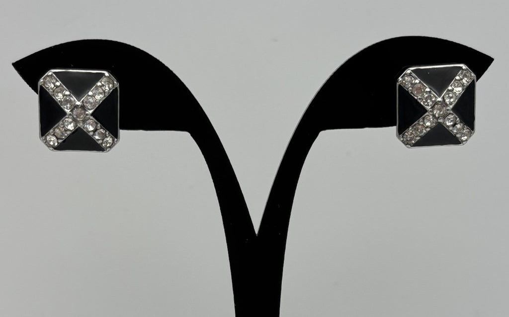 Vintage Monet Signed Black Enamel Rhinestone Stud Earrings