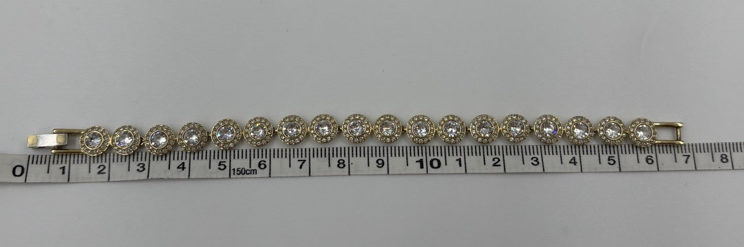 Swarovski Gold Tone Crystal Tennis Bracelet Pavé Halo Signed Vintage 17cm