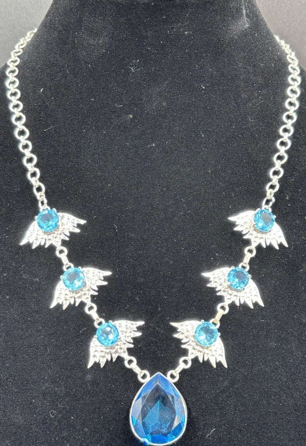 Sterling Silver Blue Crystal Angel Wings Necklace Gothic Statement 925