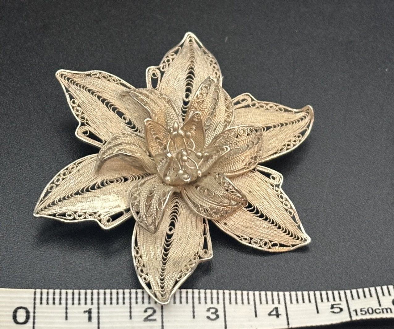 Vintage Sterling Silver Filigree Flower Brooch Large Statement European Handmade