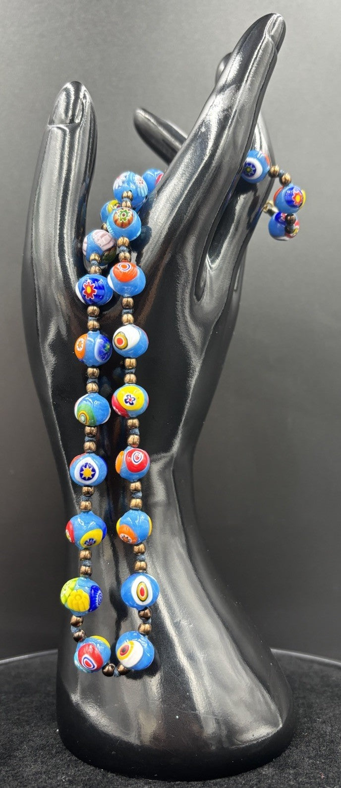 Vintage Murano Millefiori Glass Necklace Blue Beads Venetian 1950s Italy