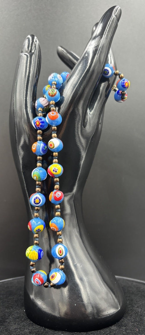 Vintage Murano Millefiori Glass Necklace Blue Beads Venetian 1950s Italy