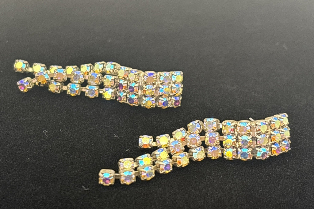 Vintage AB Rhinestone Dangle Earrings Mid Century Sparkle Waterfall Drops