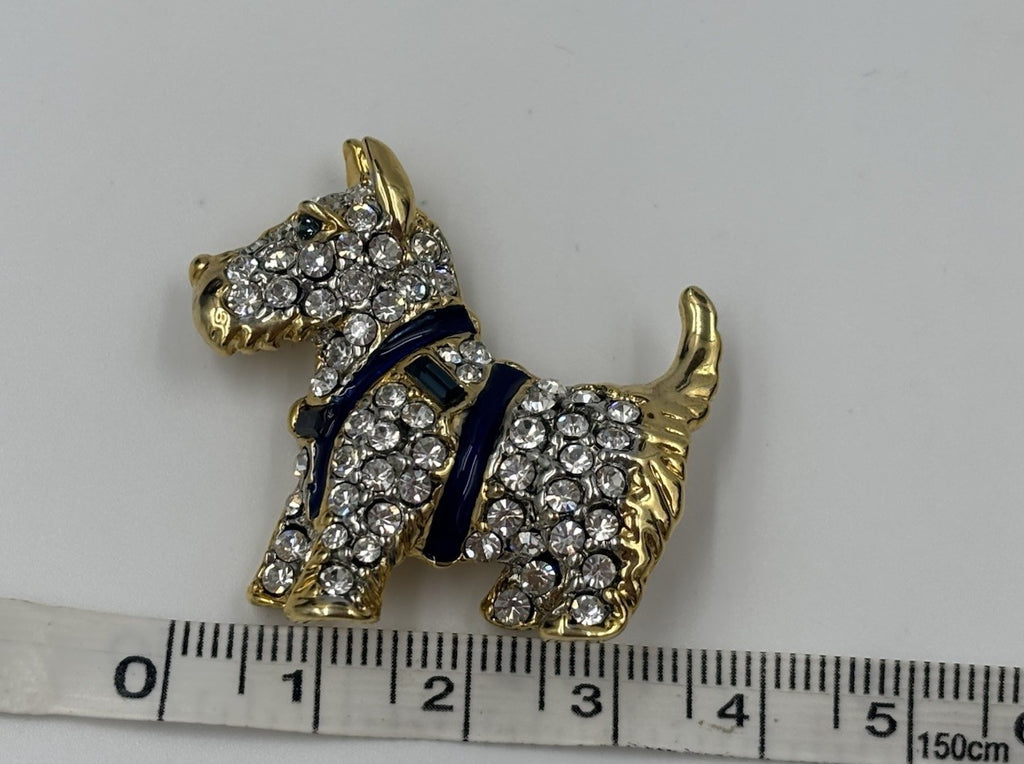 Vintage Crystal Terrier Dog Brooch Gold Tone Blue Enamel 3.5cm