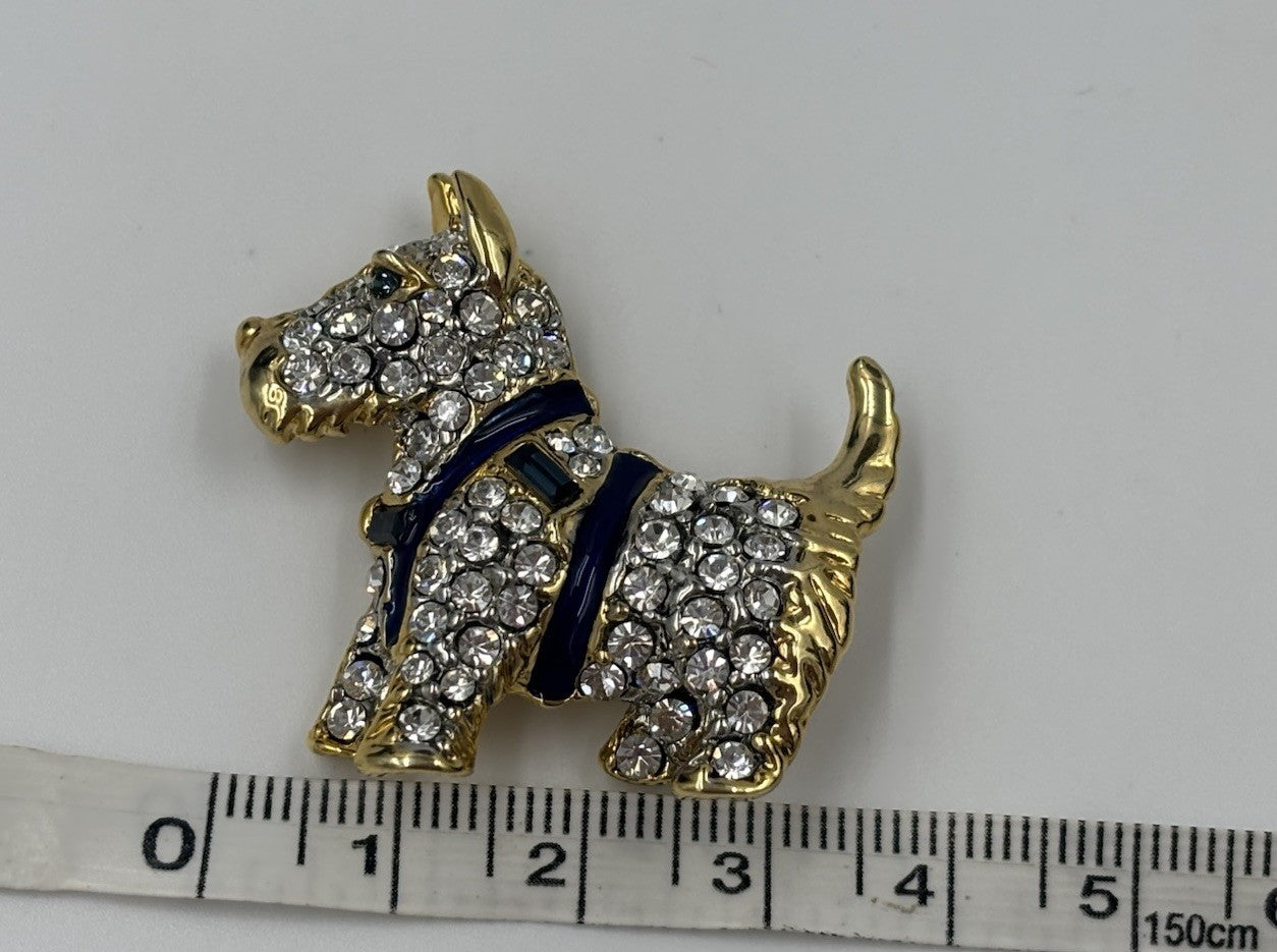 Vintage Crystal Terrier Dog Brooch Gold Tone Blue Enamel 3.5cm