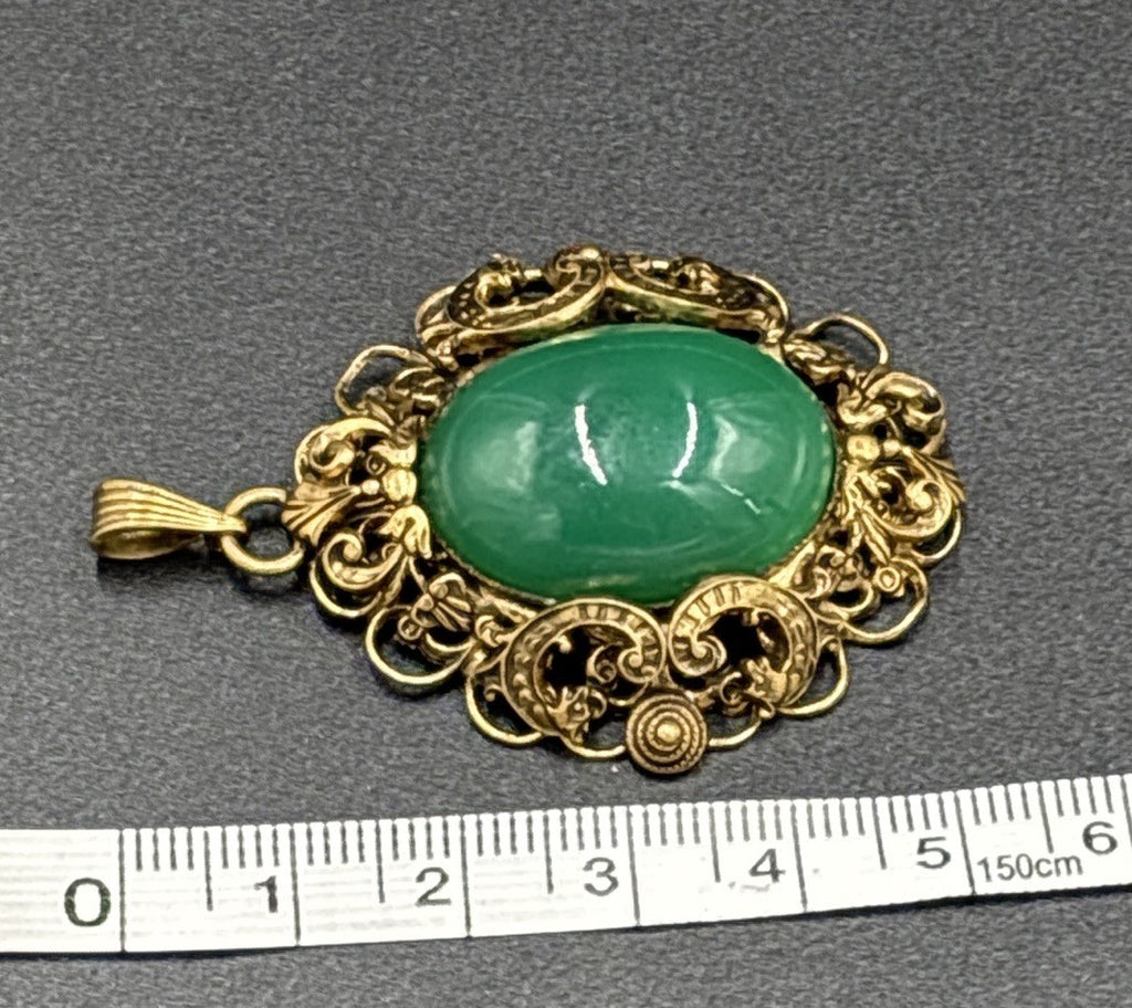 Antique Czech Uranium Glass Pendant Art Nouveau Brass Filigree Gold Filled