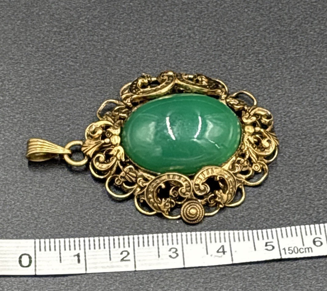 Antique Czech Uranium Glass Pendant Art Nouveau Brass Filigree Gold Filled