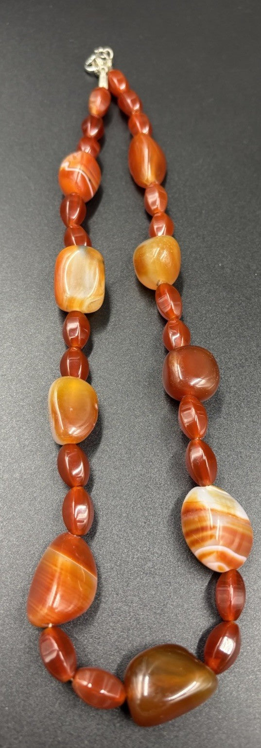Vintage Banded Carnelian Bead Necklace Warm Tones Polished Statement