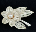 Vintage European Silver Filigree Flower Brooch Faux Pearl Centre