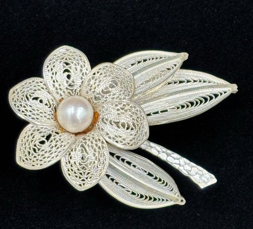 Vintage European Silver Filigree Flower Brooch Faux Pearl Centre