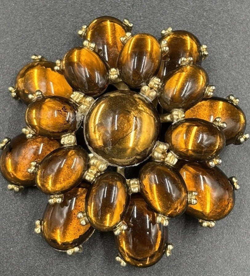 Huge Vintage Glass Brooch Tiger Eye Look 1950s Bold Statement Jewelry