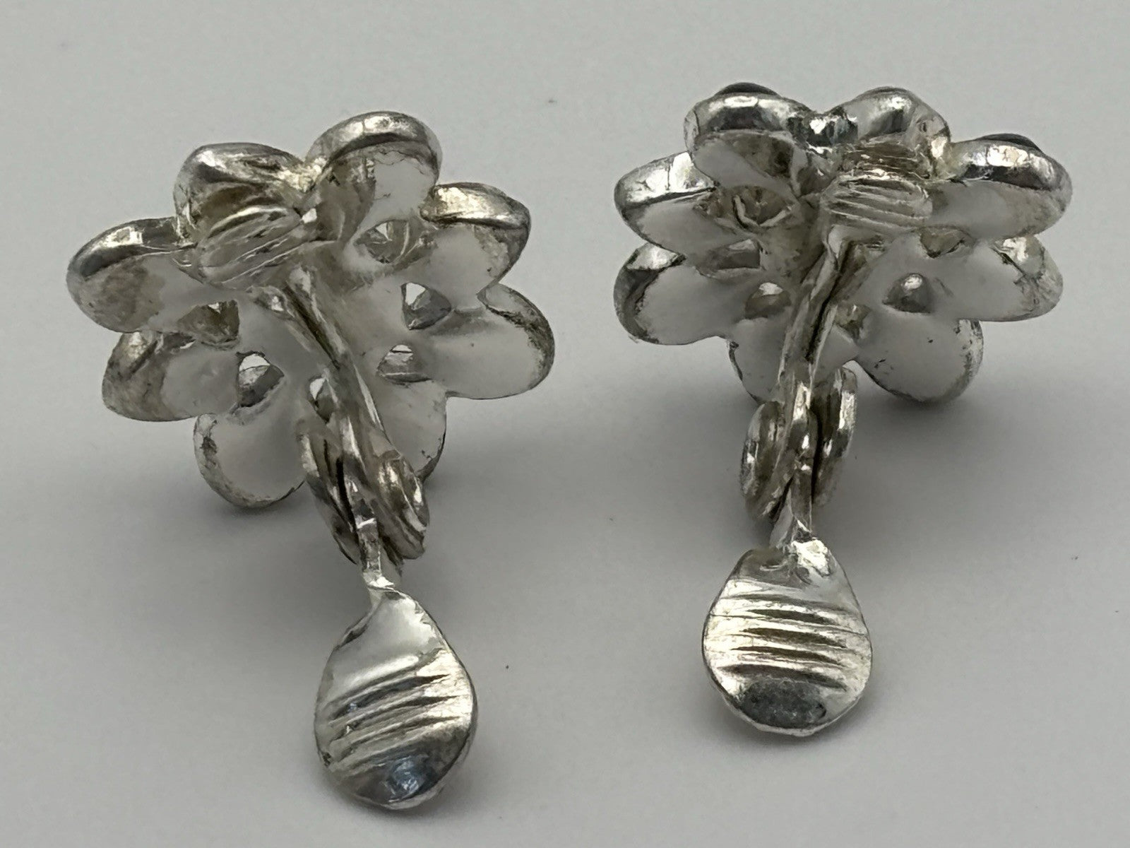 Vintage Monet Floral Clip On Earrings Silver Tone Abalone Blue Glass Signed